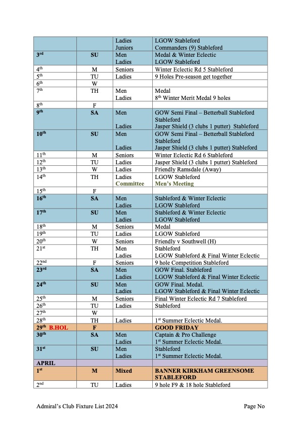 Admirals Fixture List 2024 Oakmere Park